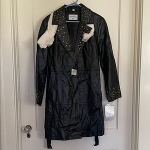 Vintage Pamela McCoy Black Gold Studded Leather Trench Coat